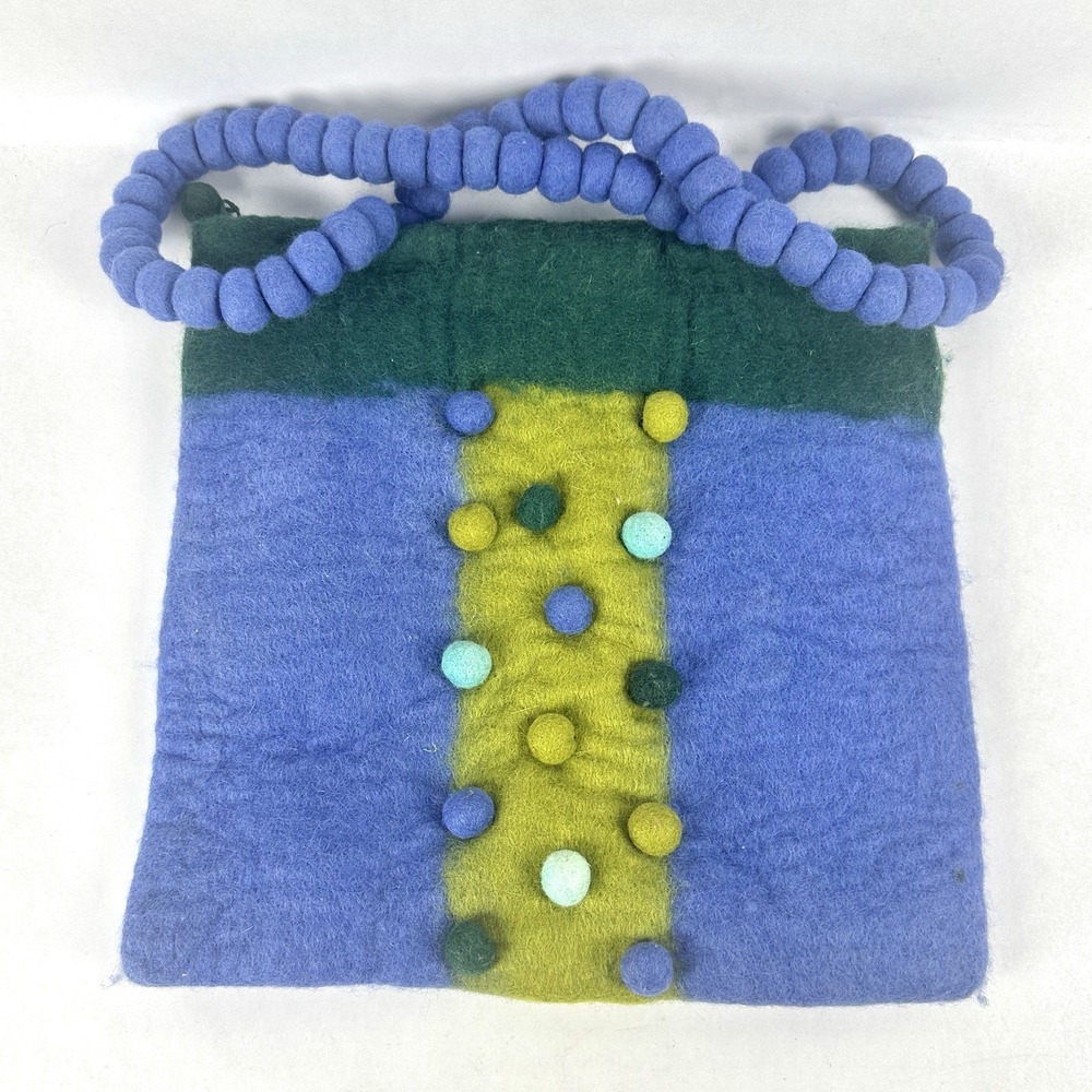 Rising Tide Handmade Felt Ball Wool Boho Colorful Purse W/handles Blues Greens